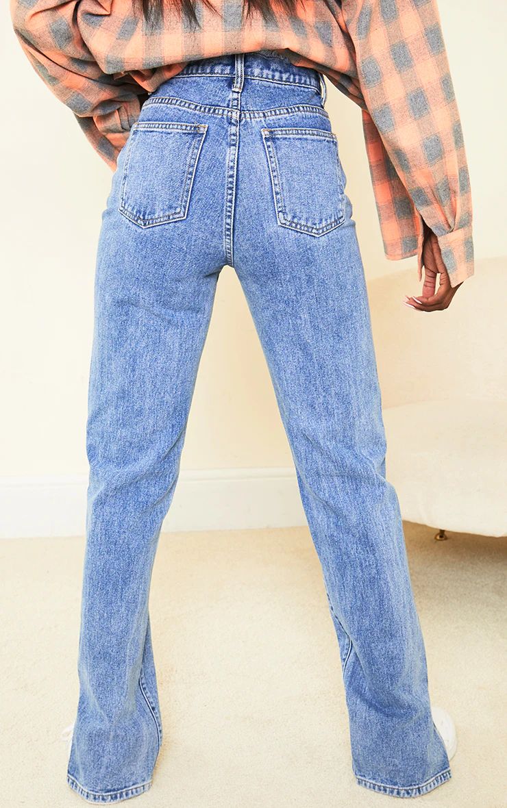 Tall Light Blue Ripped Waistband Split Hem Jeans | PrettyLittleThing US