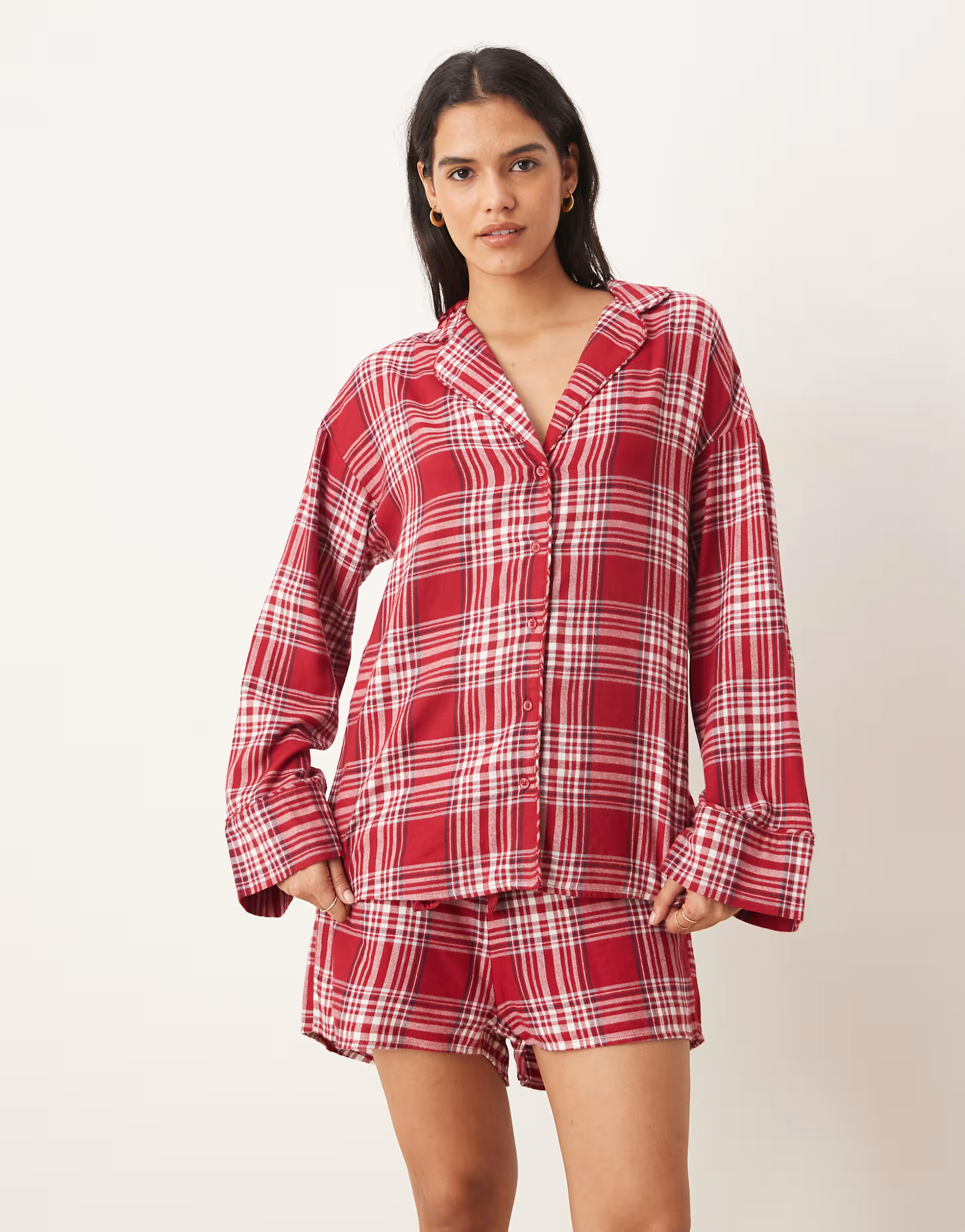 Gina Tricot mix and match flannel pyjamas shirt in red check | ASOS (Global)