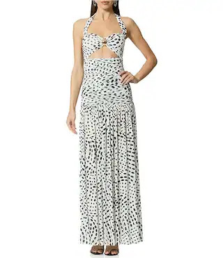 Blane Hardware Dot Printed Halter Neck Sleeveless Power Mesh Maxi Dress | Dillard's