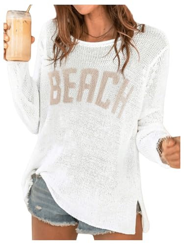 COZYEASE Women's Beach Cover Up Letter Print Long Sleeve Sweater Crew Neck Split Hem Crochet Jump... | Amazon (US)