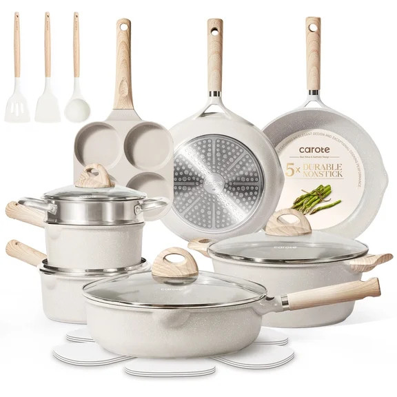 Carote 21-Piece Non-Stick Pots and Pans Set, Induction Compatible Cookware Set, Kitchen Set, Beig... | Walmart (US)