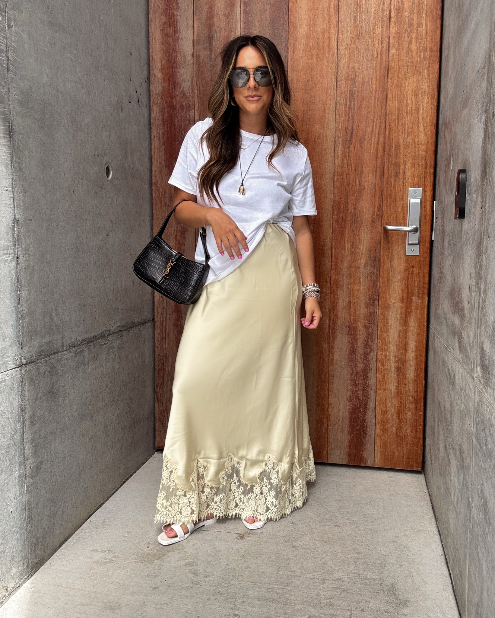 A casual silk skirt look 