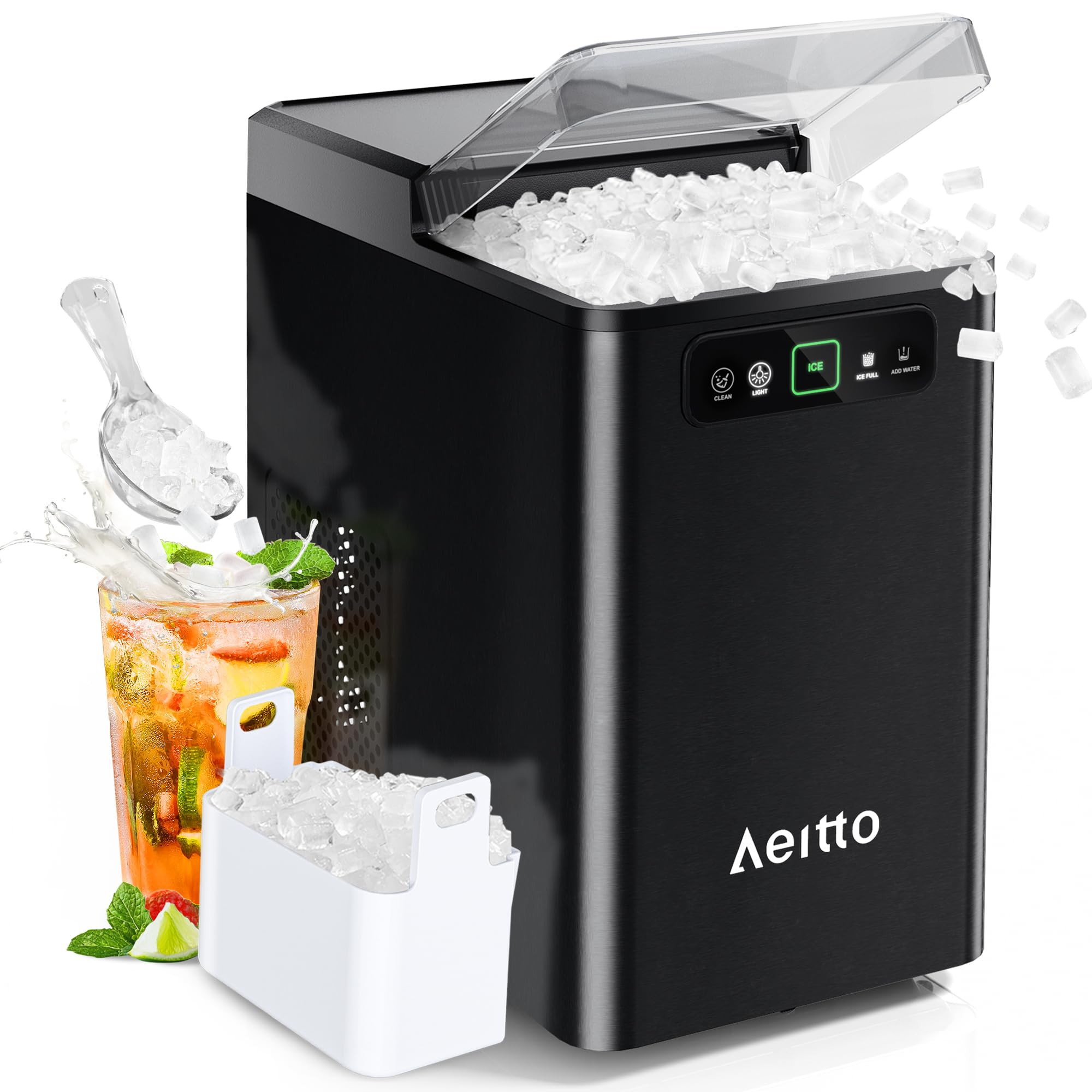 Aeitto Nugget Ice Maker 40Lbs/24H, Countertop Soft Chewable Ice Pebble Ice Machine, One-Click Operation, Auto Self-Cleaning Ice Makers with Scoop&Basket for Home, Office, Kitchen, Party (Black) | Amazon (US)