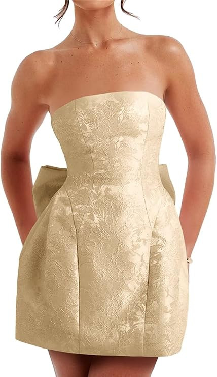 Satin Homecoming Dresses for Teens Jacquard Floral Bow Back A Line Strapless Short Cocktail Dress... | Amazon (US)