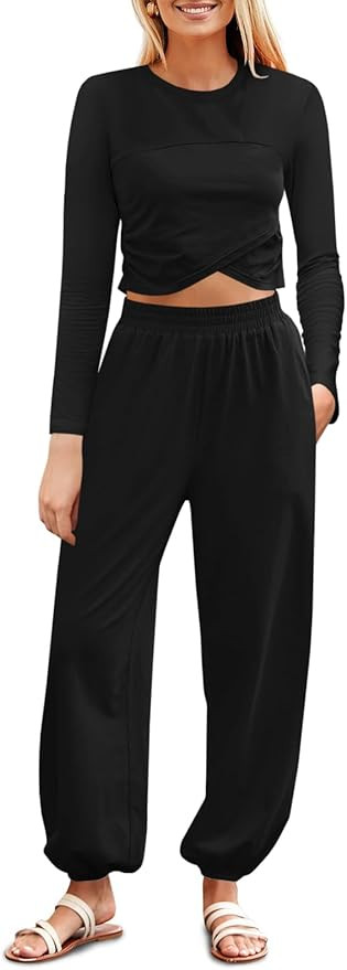 Fisoew Women's 2 Piece Lounge Sets Casual Long Sleeve Crossover Crop Tops Jogger Pants Tracksuits... | Amazon (US)
