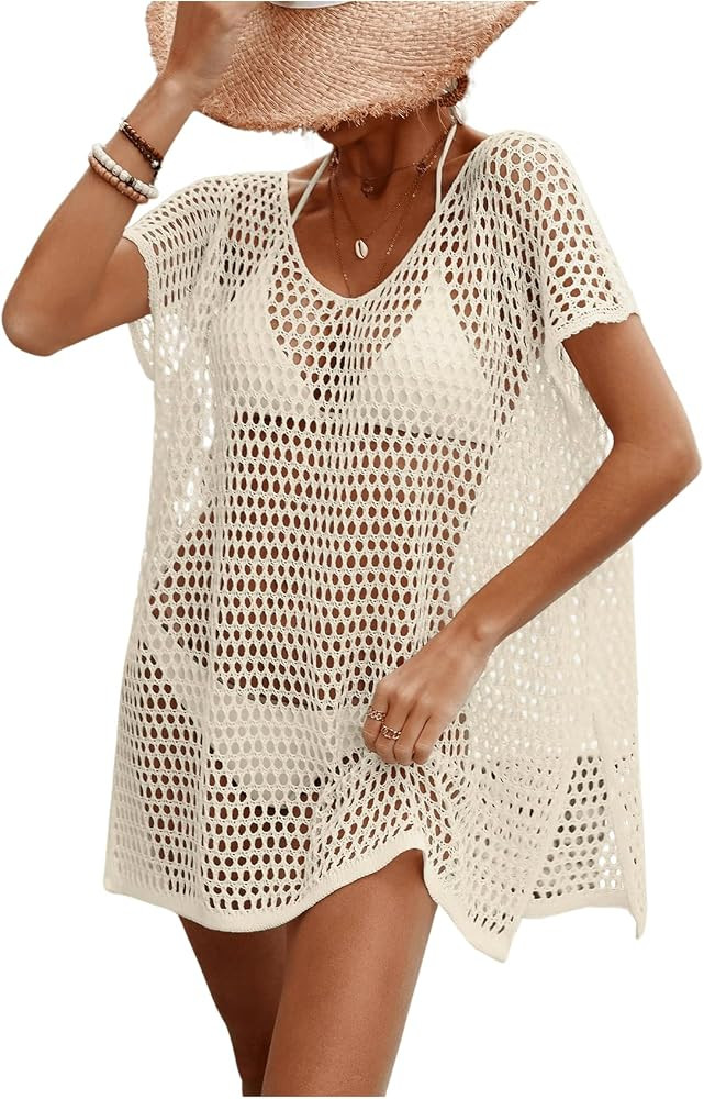 SHENHE Women's Crochet Swimsuit Coverup Hollow Out Short Sleeve Knit Dress Swim Cover Up | Amazon (US)