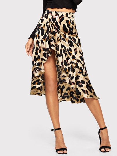 SHEIN Ruffle Hem Leopard Print Skirt | SHEIN