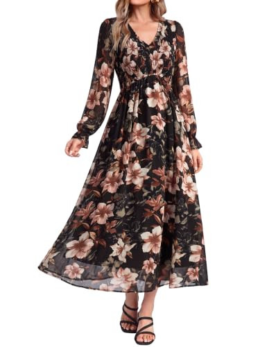 Simplee Womens Fall Floral Wedding Guest Dresses Boho Flowy Maxi Dress | Amazon (US)
