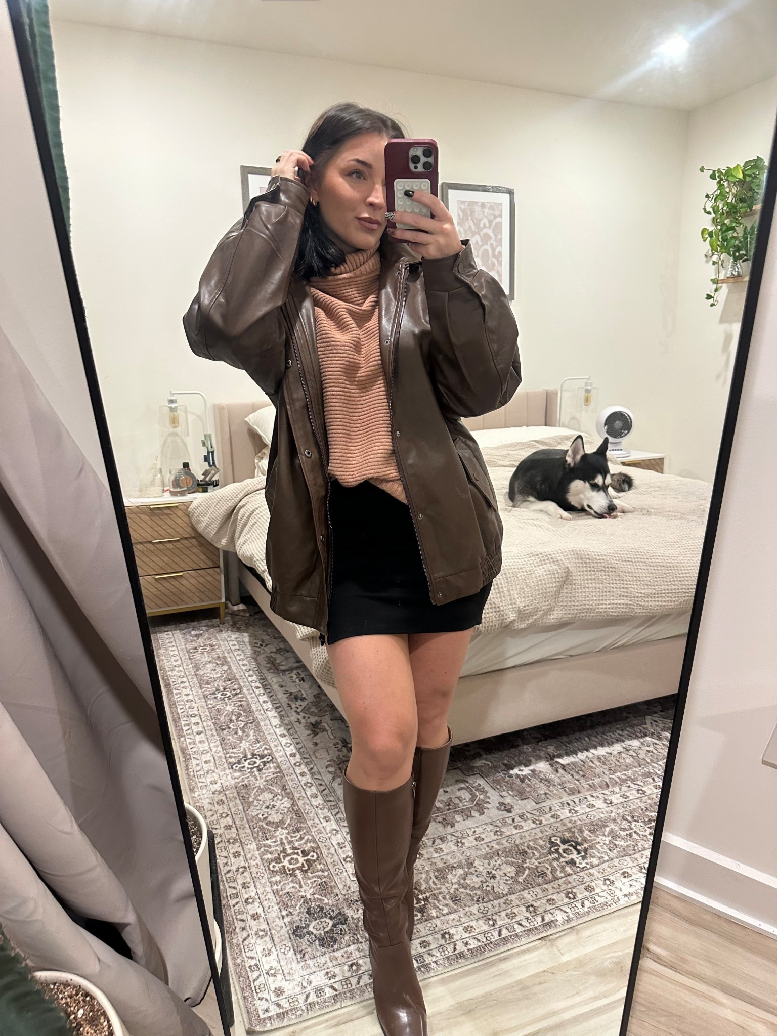 Oversized brown leather jacket with brown boots and sweater

#LTKootd