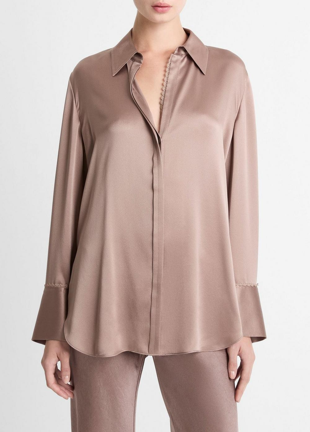 Women's Lace-Trim Silk Relaxed Shirt, Mauve Lilac, Size XS Vince | Vince LLC