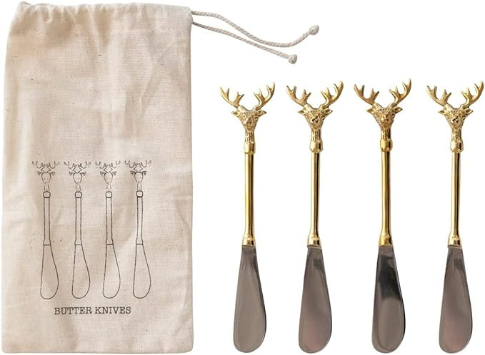 Creative Co-Op Stainless Steel and Brass Canapé Knives with Gold Finish Reindeer Handles, Set of... | Amazon (US)