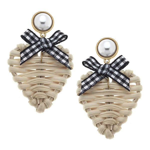 Piper Rattan & Gingham Heart Drop Earrings in Black | CANVAS