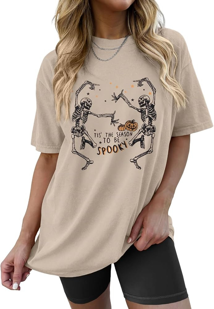 SOFEON Womens Dancing Skeleton Shirt Halloween Skull Graphic T Shirt Oversized Retro Tees Tis The... | Amazon (US)
