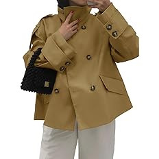 Tankaneo Womens Cropped Trench Coat Oversized Double Breasted Stand Collar Short Jacket Fall Casu... | Amazon (US)