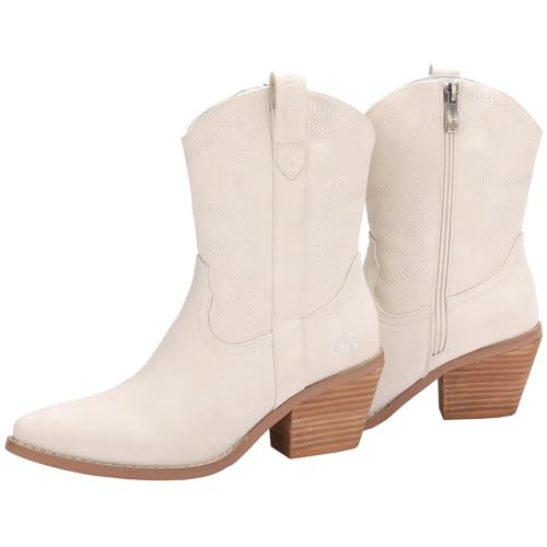gioanroca Western Cowgirl Ankle Boot for Women with Embroidered Comfy Fashion Vintage Boot Wide Calf Horse Riding Pointed Toe Cowgirl Short Booties (Beige, 8) | Amazon (US)