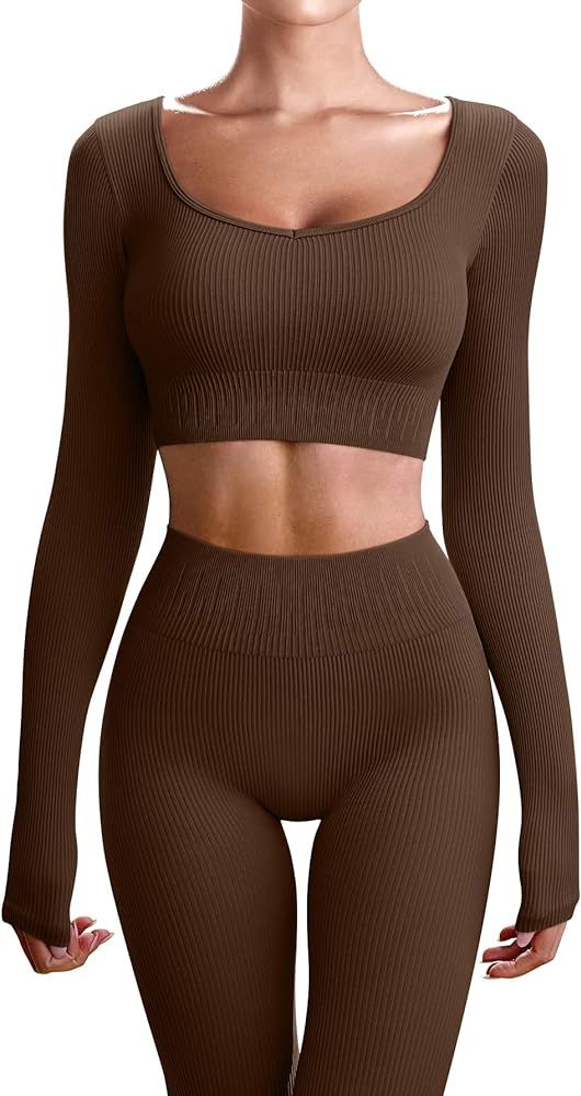 OQQ Workout Outfits for Women 2 Piece Ribbed Yoga Long Sleeve Crop Tops High Waist Leggings Exercise | Amazon (US)