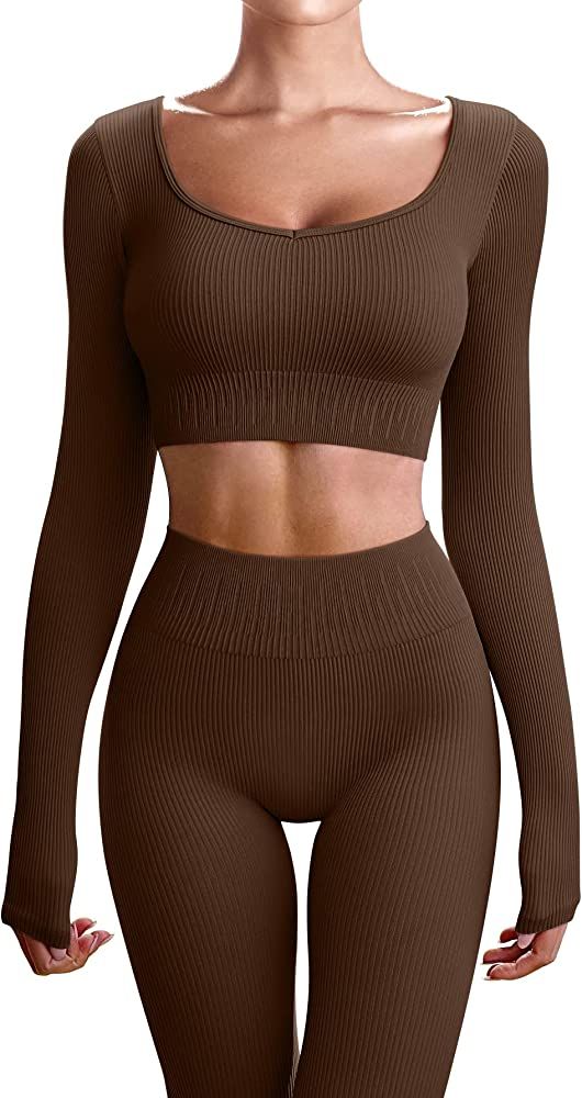 OQQ Workout Outfits for Women 2 Piece Ribbed Yoga Long Sleeve Crop Tops High Waist Leggings Exercise | Amazon (US)