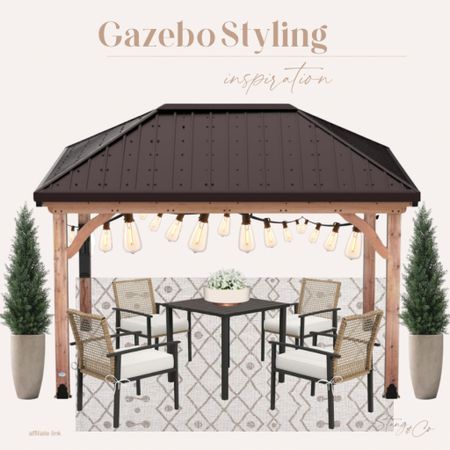 This gazebo inspiration includes a neutral outdoor area rug, a dining table and chairs, large concrete pots, faux outdoor trees, outdoor sting lights, and a bowl with faux flowers. 

Patio, outdoor decor, outdoor inspiration, dining set, patio furniture 

#LTKfindsunder100 #LTKhome #LTKstyletip
