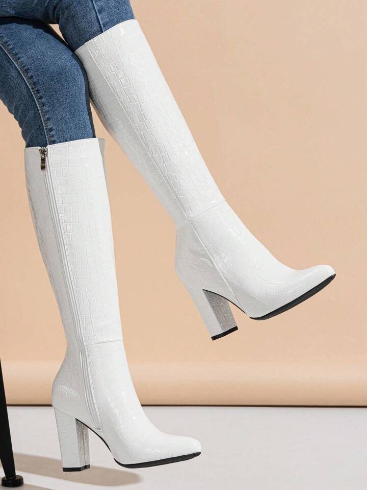 Women's Fashionable Mid-calf Boots With Pointed Toe, Side Zipper And Chunky Heels In White | SHEIN