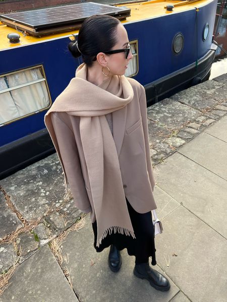 beige scarf by arket 
beige oversized jacket by Frankie shop 
black dress by ghost v marks and spencer 
ganni boots v coggles use discount code HANNI15 for 15% off + free NDD
rayban wayfarers
knitwear from arket 
coach bag v my bag online 
box chain necklace v daisy jewellery 

#LTKeurope #LTKSeasonal #LTKstyletip