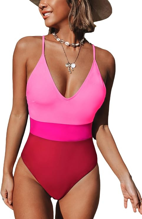 CUPSHE One Piece Swimsuit for Women Bathing Suits Deep V Neck Crisscross Back Color Block | Amazon (US)