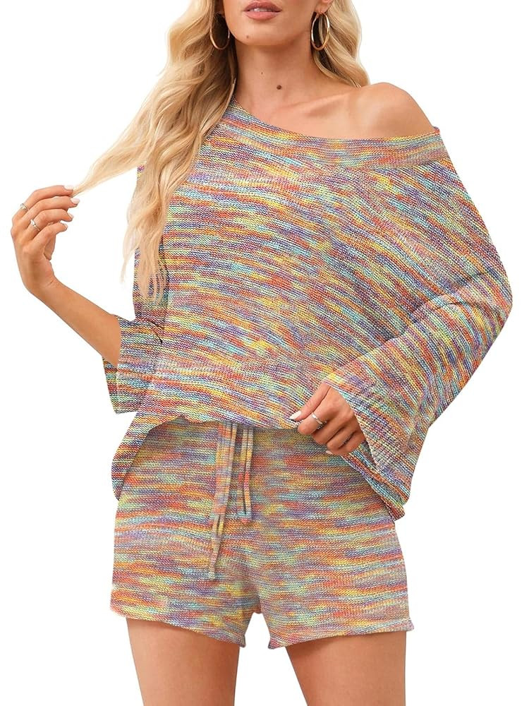 Ermonn Womens 2 Piece Outfits Sweater Sets Off Shoulder Knit Tops Waist Short Suits Casual Pajama... | Amazon (US)