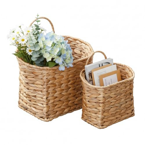 Coeusy Wicker Hanging Basket,Woven Hanging Wall Basket for Organizing and Decor,Natural Water Hyacinth Wall Mounted Storage Baskets for Farmhouse Home,Door,Entryway,Flower,Mail,Plant,Set of 2 | Amazon (US)