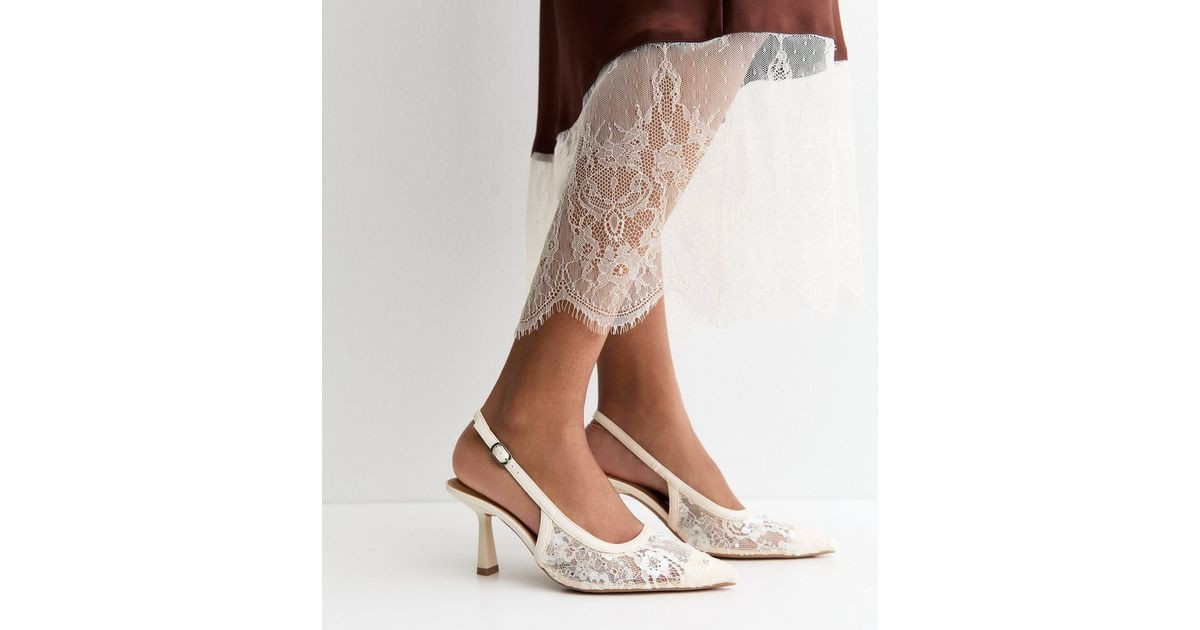 White Sequinned Floral Lace Slingback Court Shoes | New Look | New Look (UK)