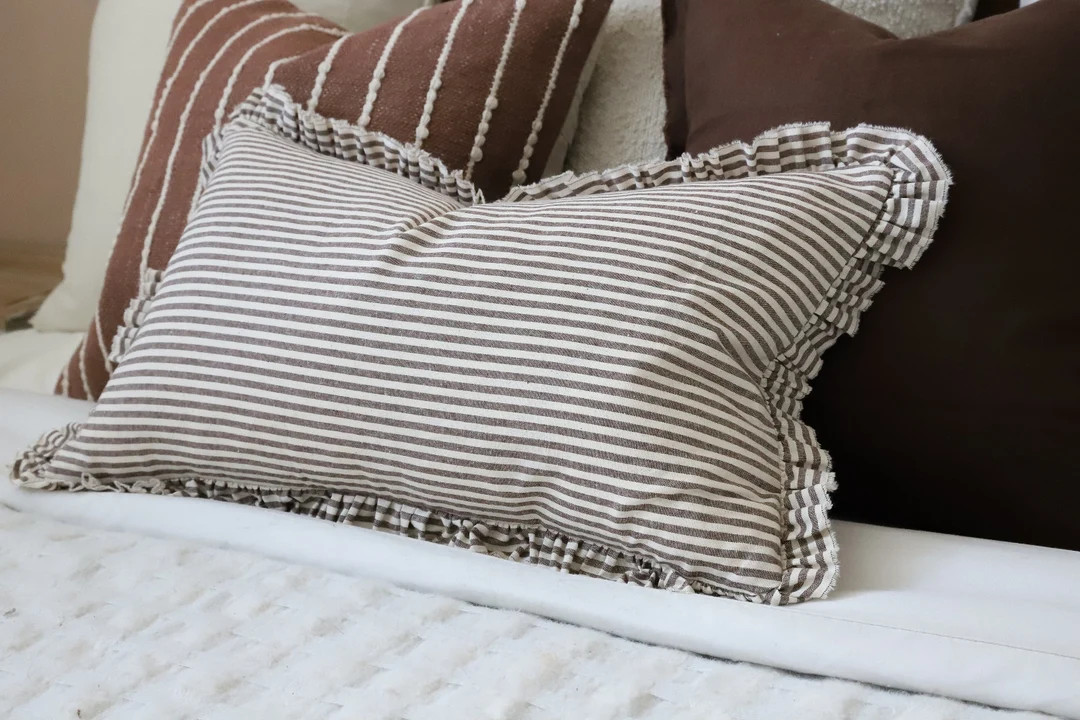 Darcy Dark Brown Stripe Ruffle Cushion 50x30cm, Ruffle Cushion, Dark Brown Stripe Cushion, Rectan... | Etsy (US)