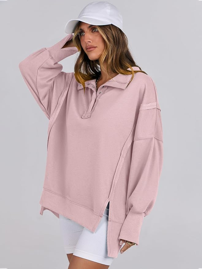 ANRABESS Women's Sweatshirts Oversized Casual Loose Button Up Henley Pullover Top High Low Split ... | Amazon (US)