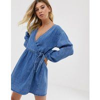 ASOS DESIGN denim wrap smock mini dress in blue | ASOS CH