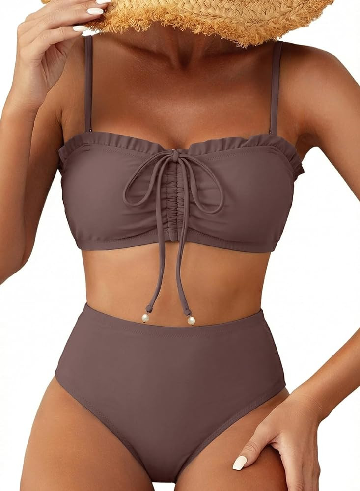 Herseas Women's High Waisted Bikini Sets Tie Front Ruffle Trim Swimsuits | Amazon (US)