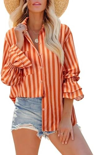 Striped Long Sleeve Shirt Women Oversize Button Down Shirts Smocked Boyfriend Blouse Ruffle Casua... | Amazon (US)