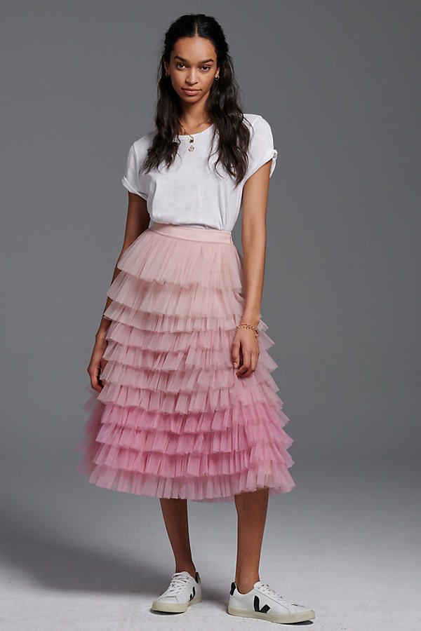 Bita Tiered Tulle Midi Skirt By Geisha Designs in Pink Size M | Anthropologie (US)
