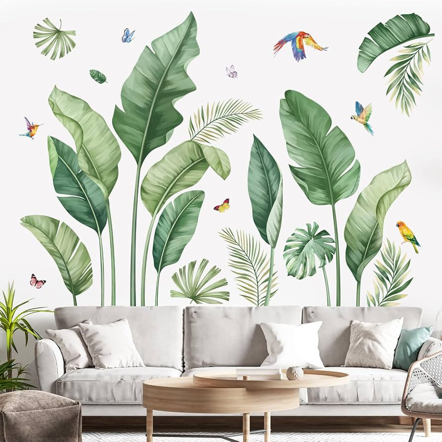 Decalmile Tropical Palm Leaves Wall Decals - Nature Banana Leaf Green Plants Birds Wall Art Stick... | Amazon (US)