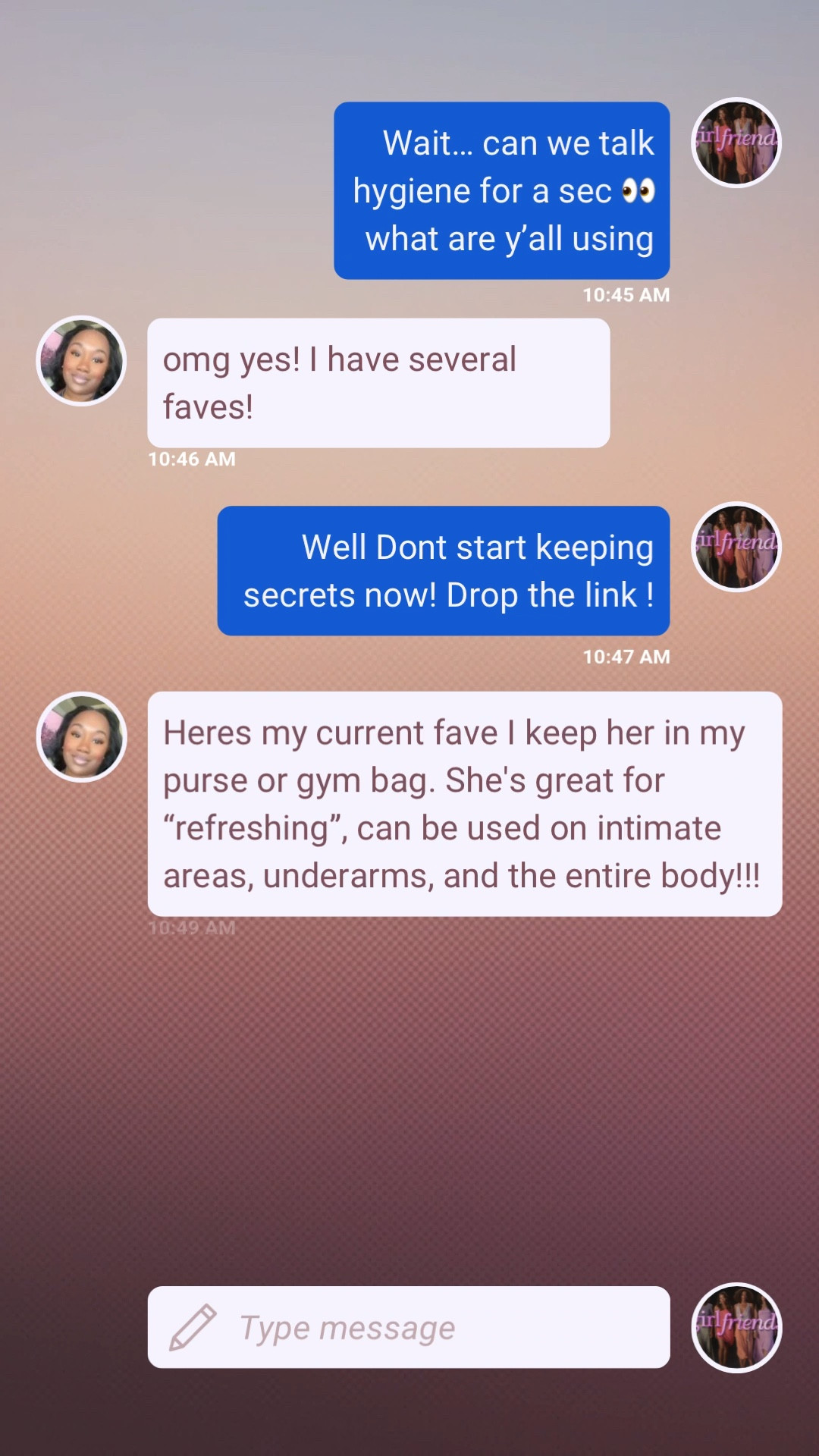 IDK about you and your group chat 💬, but in mine we talk about everything! Here are some of my Group chat approved feminine & body care essentials, all in one place.

 Starting off strong with my personal favorite. 
The Luna Daily "Everywhere Spray-To-Wipe" its super  versatile! From your purse or gym bag she's safe to use on the whole body, including intimate areas. She's the perfect thing when you want to  "refresh".  
Spray 2–4 pumps directly onto skin or onto toilet tissue/cloth to cleanse and done ✅. 

See you in the next chat for my next favorite group chat approved product ! 
 @lunadaily now at @ULTA Beauty 

 

#LTKBeauty #LTKActive #LTKselfcare