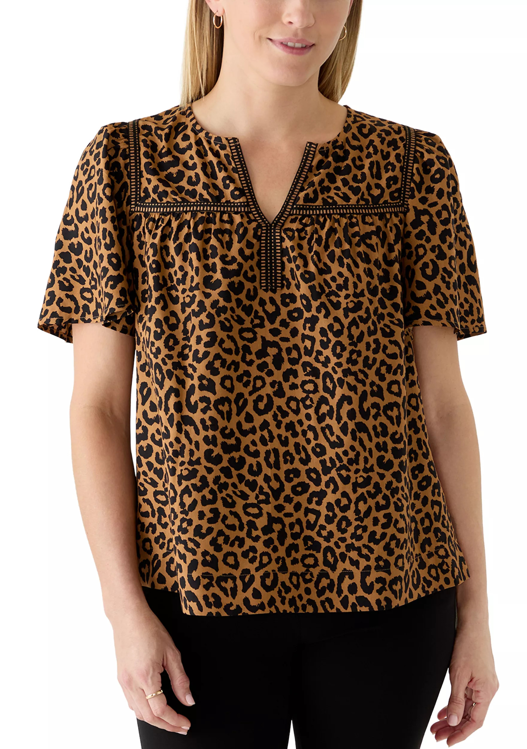 Petite 3/4 Sleeve Split Neck Top | Belk