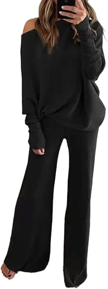 Fixmatti Women Knitted Outfits High Neck Sweater Wide Leg Pant Set 2 Pieces Sweatsuit | Amazon (US)