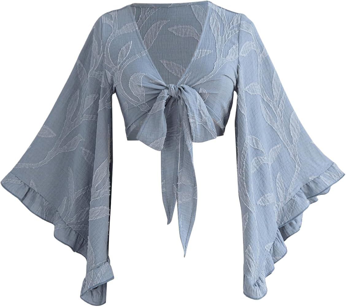 Women's Boho Tops Wrap Western Country Concert 70s Outfits Tie Front Long Bell Sleeve Tops Hippie... | Amazon (US)