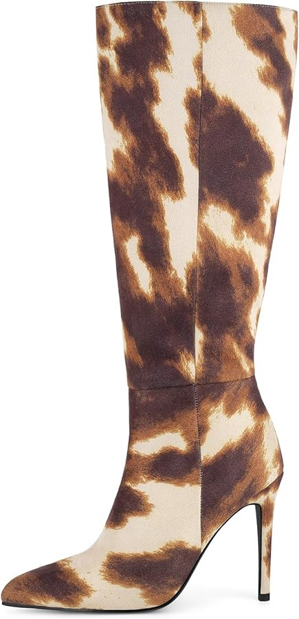 Vecipatcare Cow Print Knee-High Boots Pointed Toe Heeled Stiletto Fashion with Side Zipper Tall B... | Amazon (US)