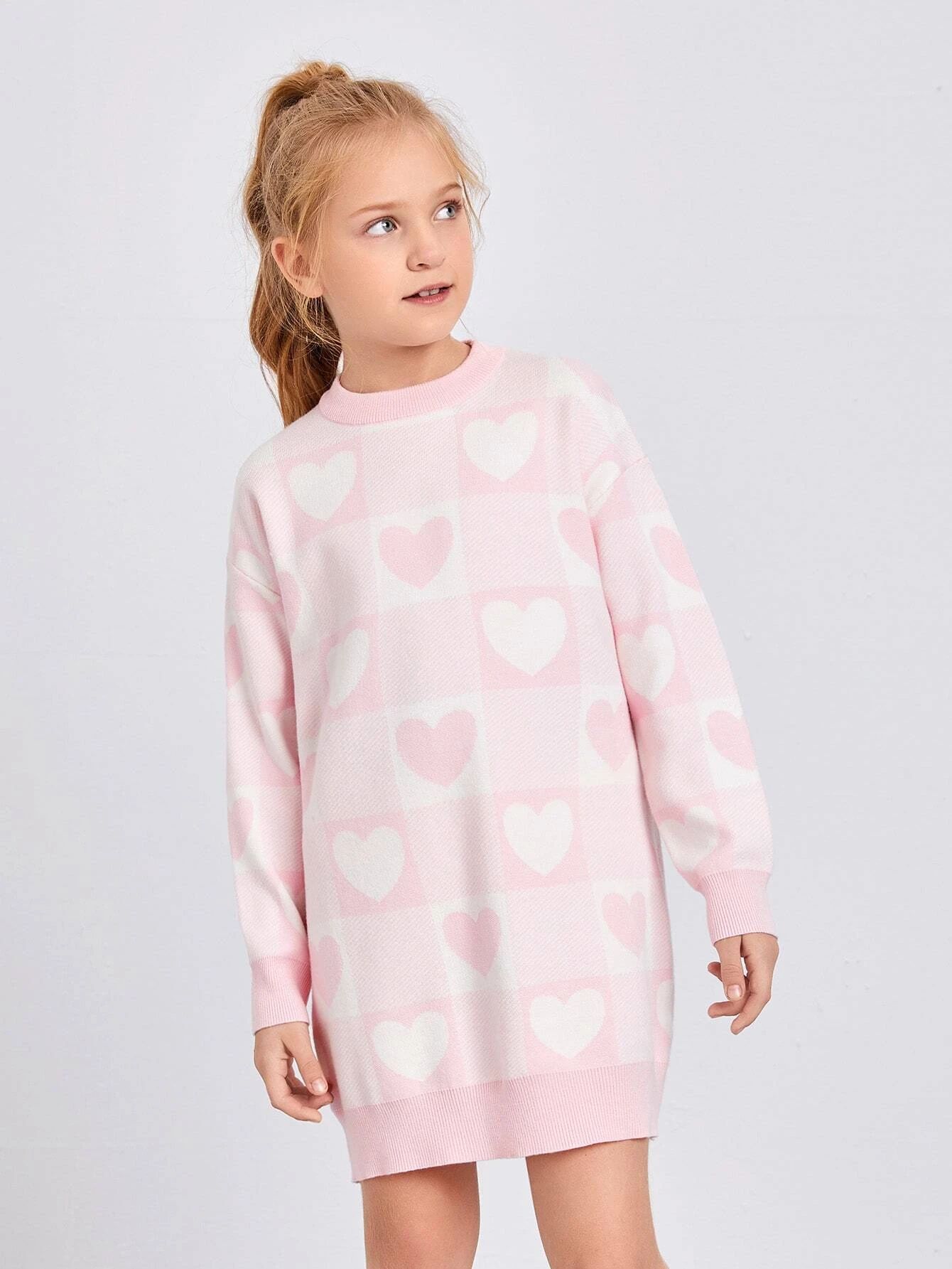 SHEIN Girls Drop Shoulder Heart Pattern Sweater Dress | SHEIN