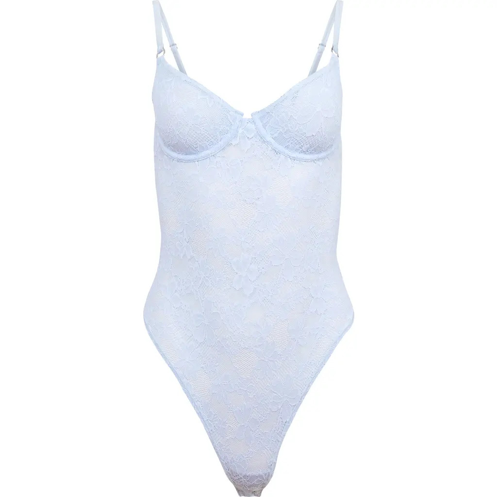 Fleur Du Mal Le Stretch Lace Bodysuit in Forget Me Not at Nordstrom, Size Small | Nordstrom