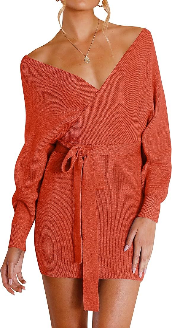 ZESICA Women's Long Batwing Sleeve Wrap V Neck Knitted Backless Bodycon Pullover Sweater Dress with  | Amazon (US)