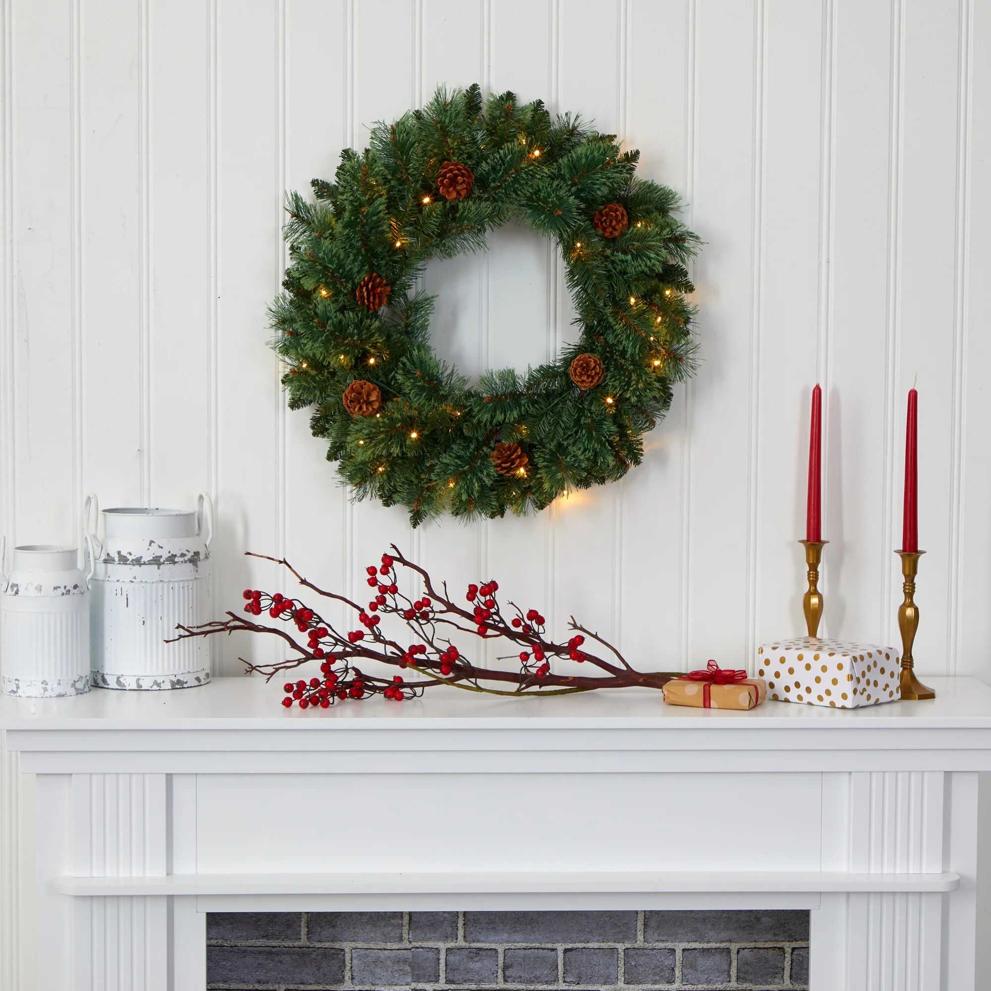 Nearly Natural 24" White Mountain Pine Artificial Christmas Wreath with LED Lights | Walmart (US)