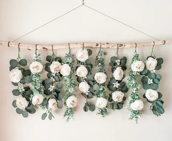 Flower wall hanging, floral wall hanging, eucalyptus wall decor,boho wall decor, floral backdrop,... | Etsy (US)