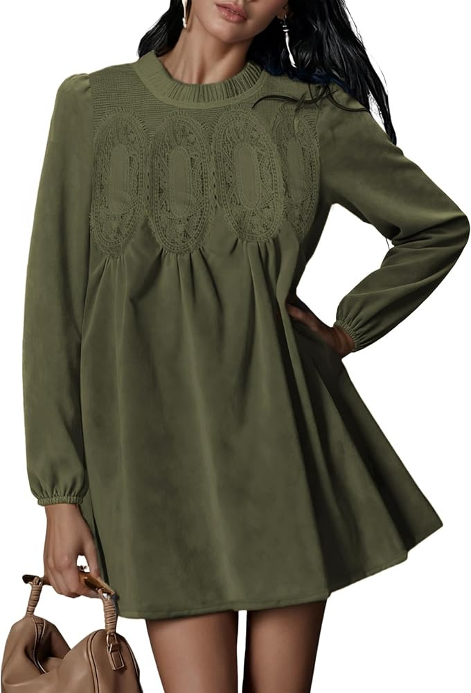Athlisan Women's 2026 Fall Mini Dress Long Sleeve Faux Suede Lace Patchwork Babydoll A-Line Swing... | Amazon (US)