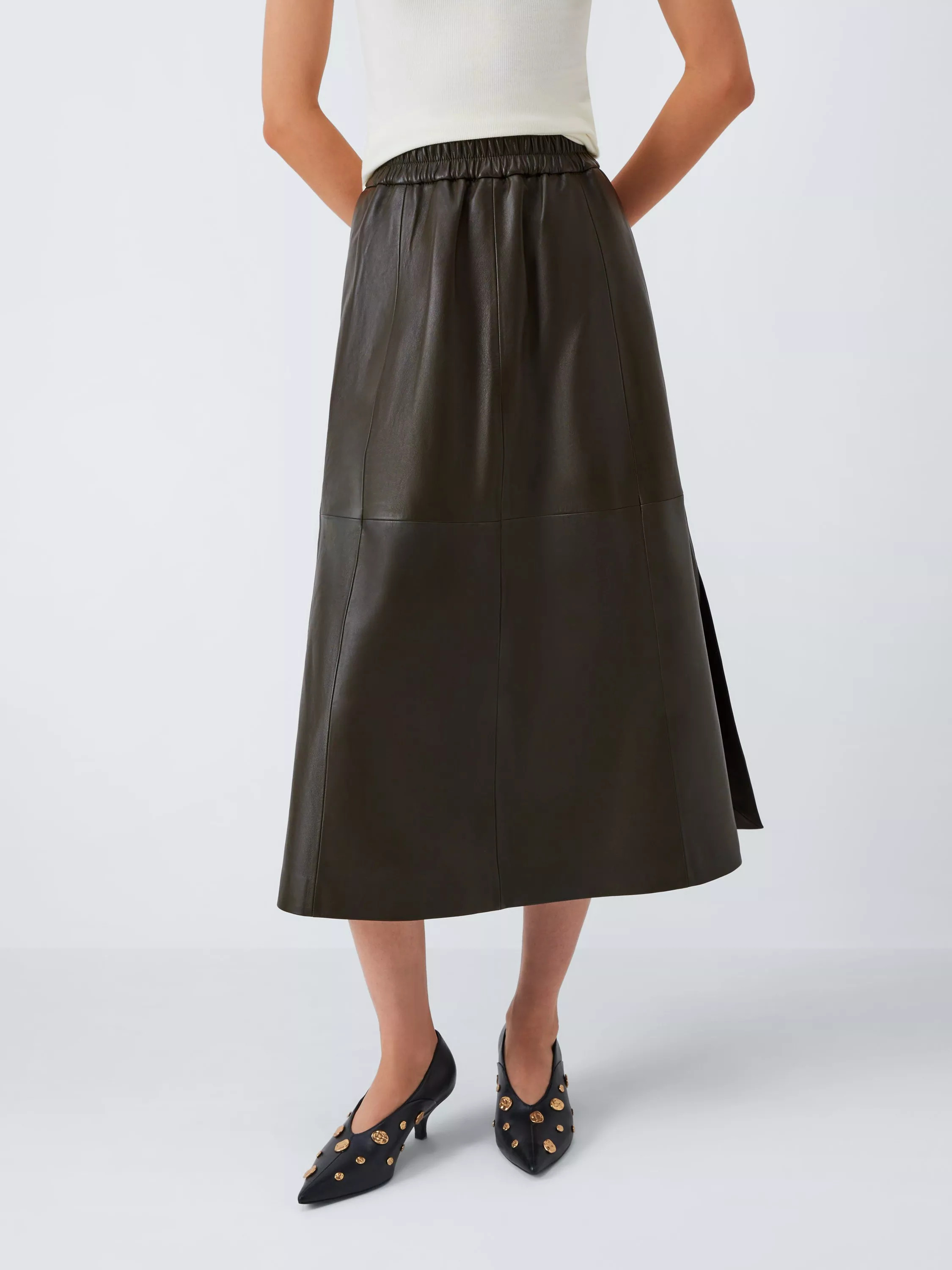 John Lewis Leather Midi Skirt, Olive | John Lewis (UK)