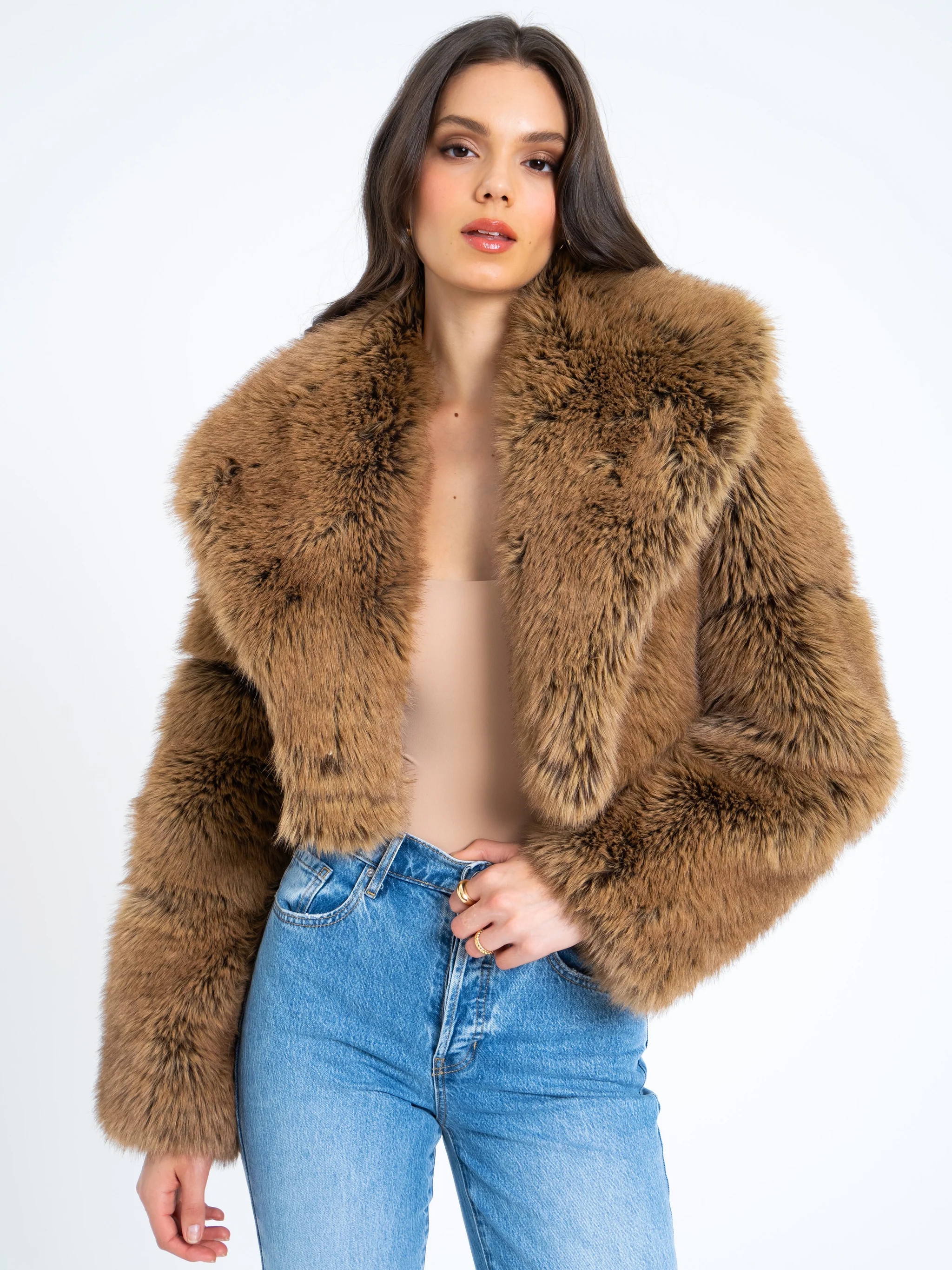 Yadavi Brown Vegan Fur Cropped Jacket | Miss Circle