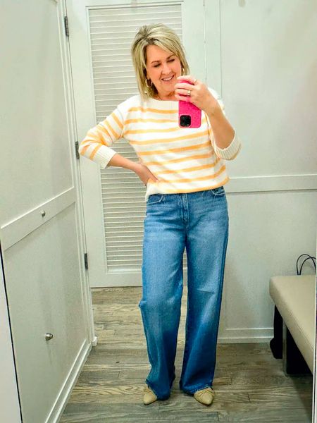 Orange Striped Boatneck Sweater Sz Medium | Wide Leg Jeans Sz 29 | Women Over 40 | Trendy Fashion | Ballet Flats | Loft New Arrivals 

#LTKstyletip #LTKworkwear #LTKshoecrush