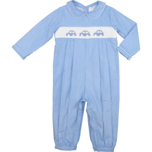 Blue Corduroy Smocked Cars Long Romper | Cecil and Lou